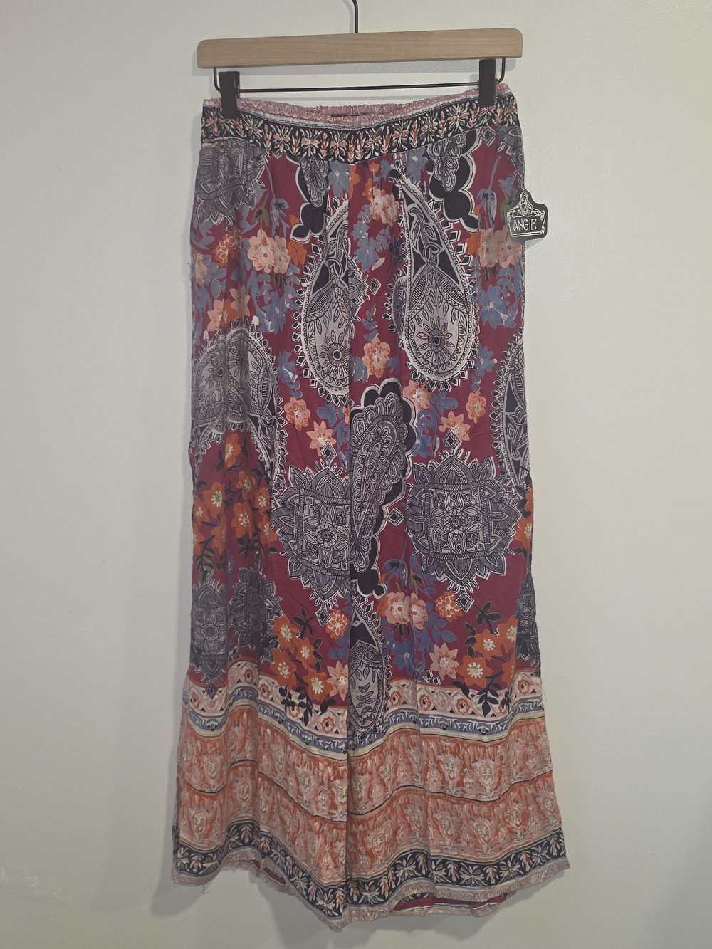 Angie Wide Leg Boho Pants - Burgundy Floral Paisley